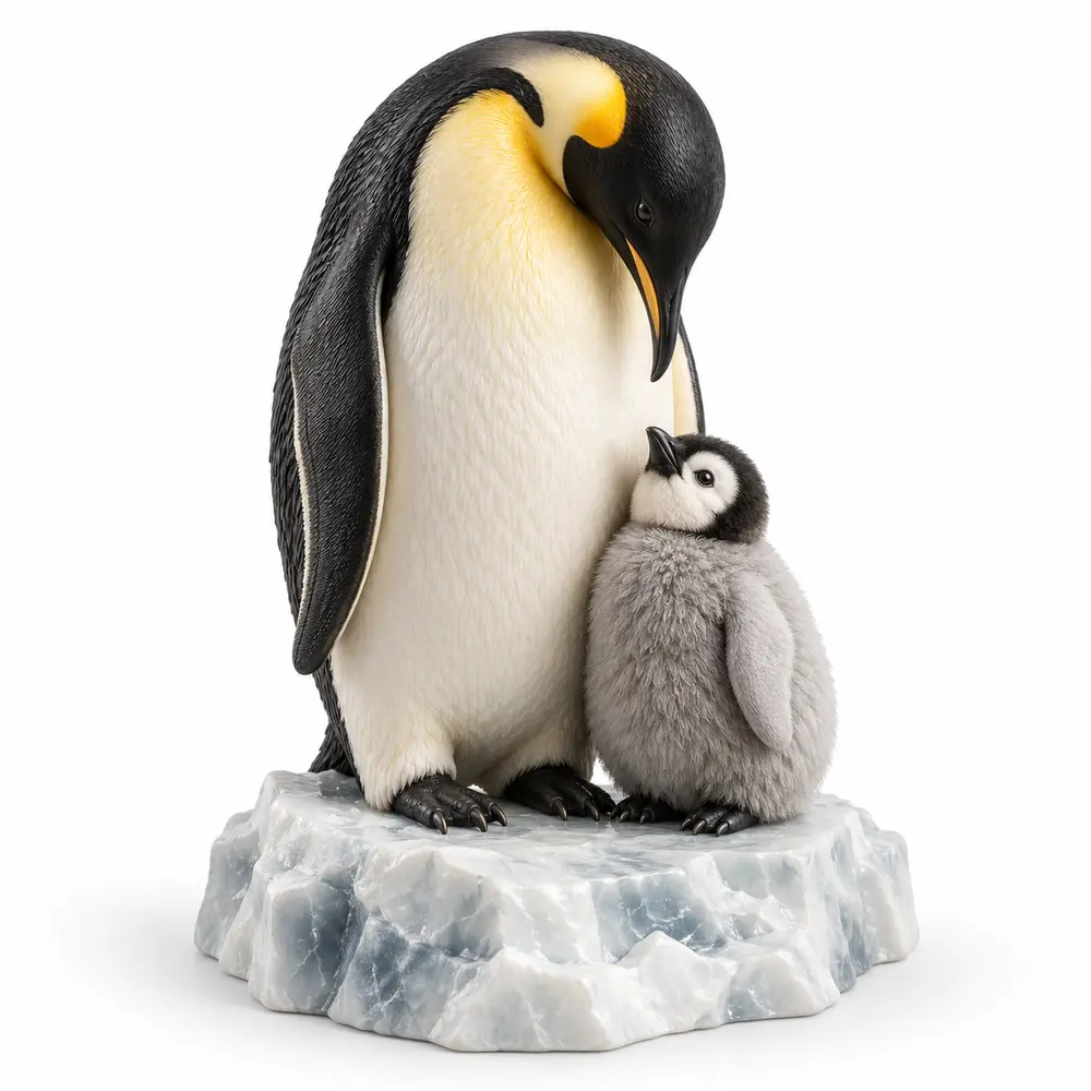 Pinguin und Küken auf einer kleinen Eislandschaft.