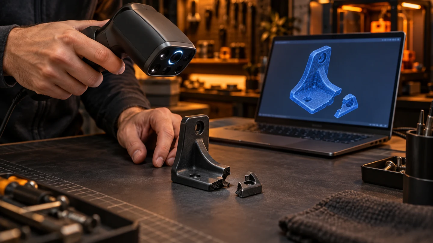 Ein beschädigter Kunststoffhalter wird am Arbeitstisch mit einem 3D-Scanner erfasst