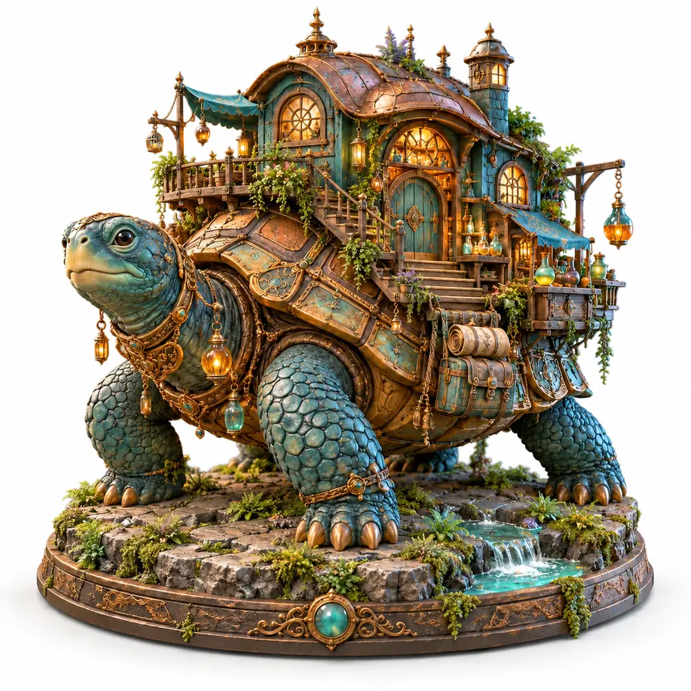 Eine ganze Miniaturwelt auf dem Panzer einer Schildkröte.