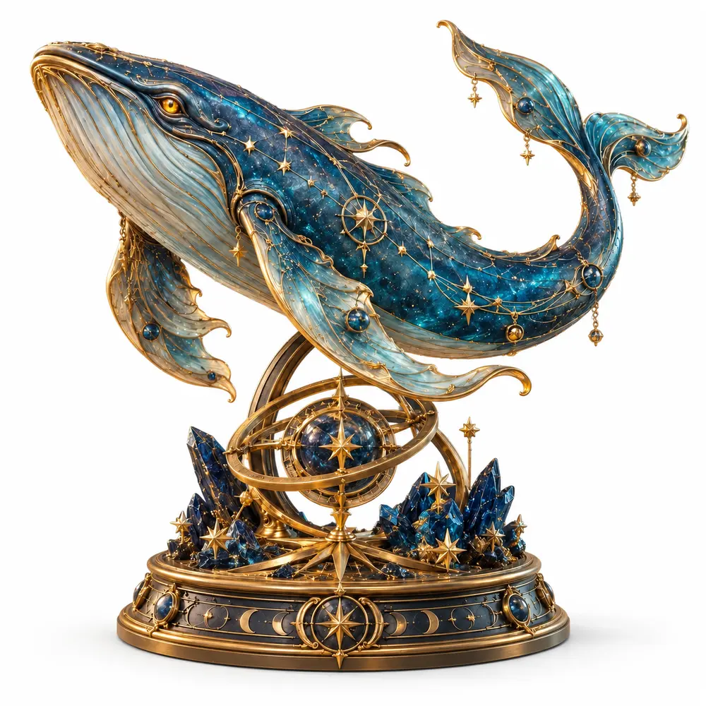 Ein fantasievoller Wal mit goldenen Ornamenten auf einem Sockel.
